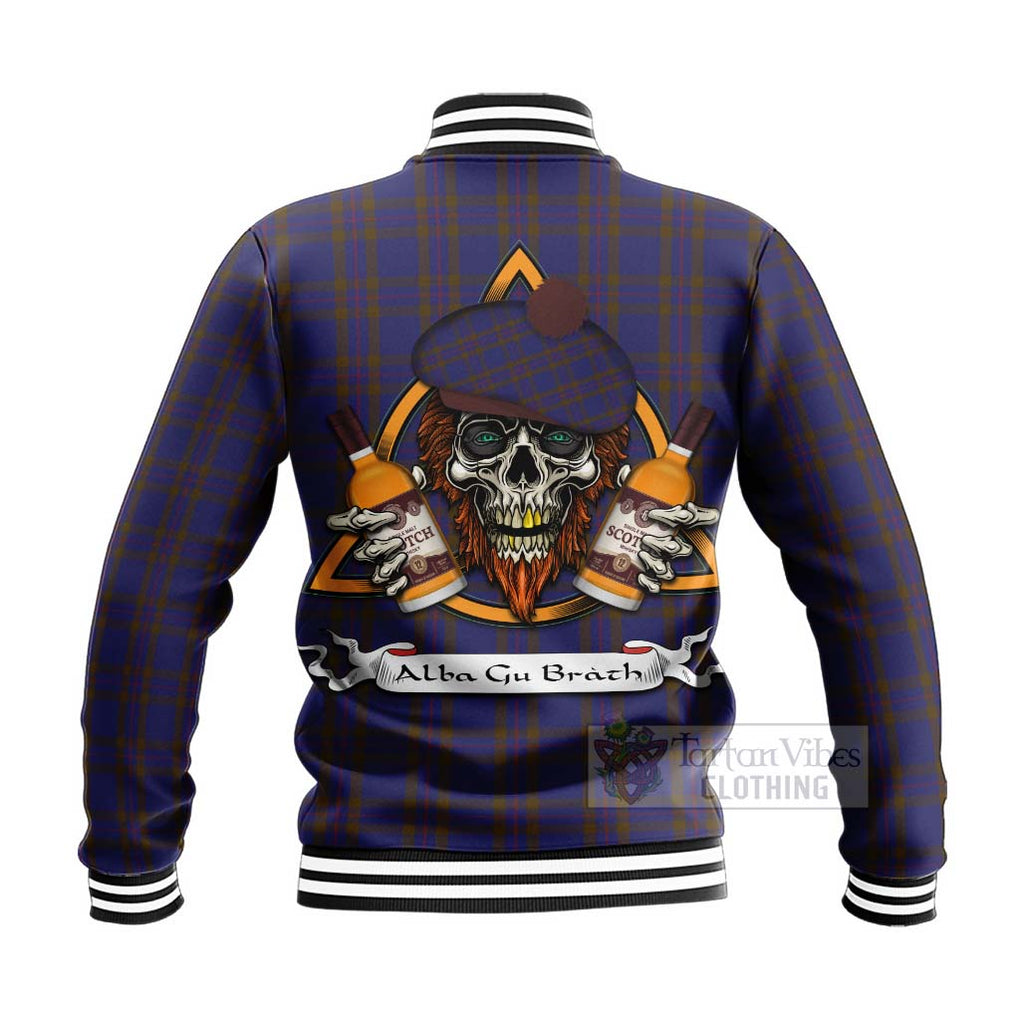 Tartan Vibes Clothing Elliot Tartan Baseball Jacket with Family Crest and Bearded Skull Holding Bottles of Whiskey