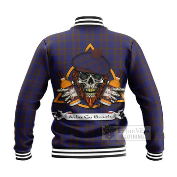 Elliot Tartan Baseball Jacket with Family Crest and Bearded Skull Holding Bottles of Whiskey