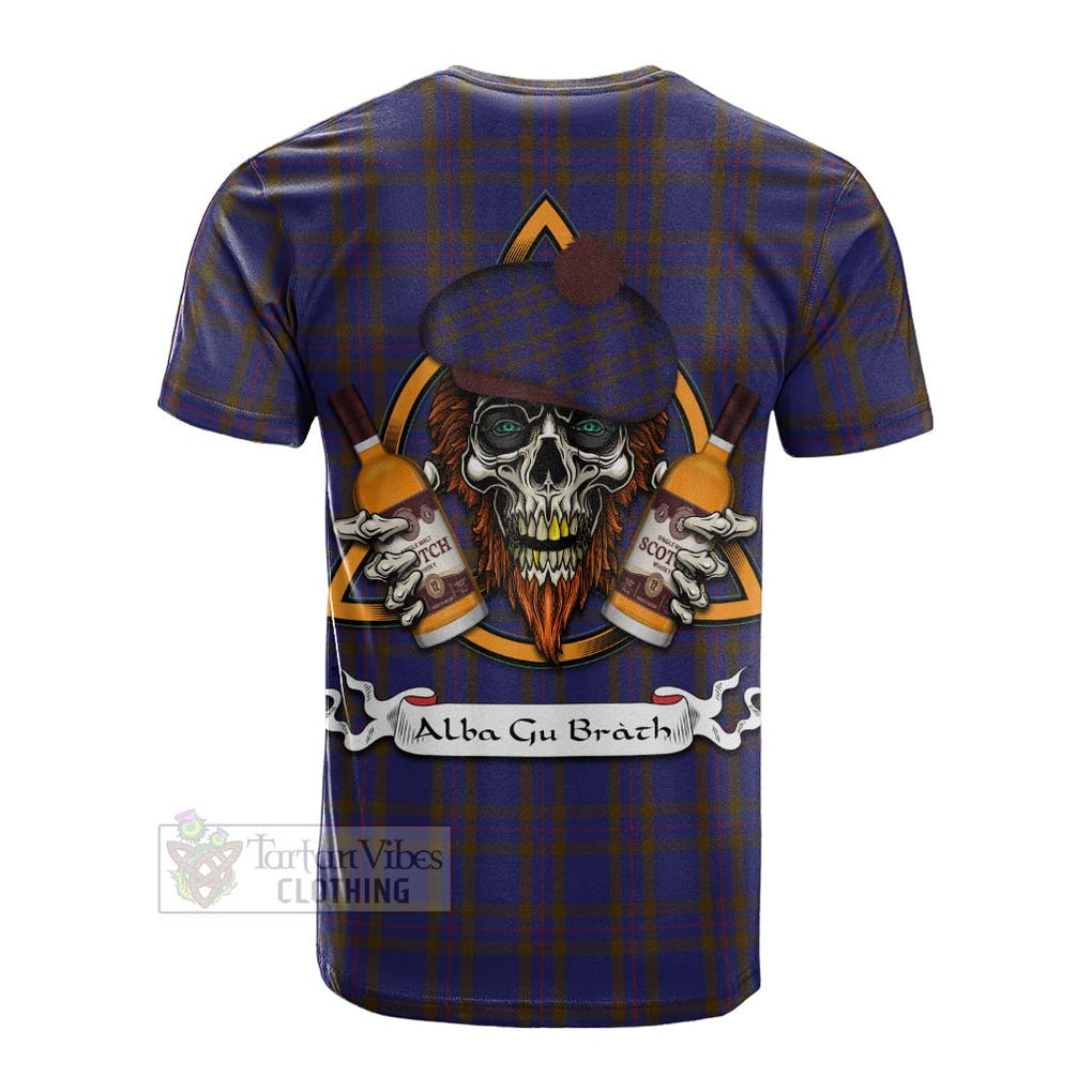 Tartan Vibes Clothing Elliot Tartan Cotton T-shirt with Family Crest and Bearded Skull Holding Bottles of Whiskey