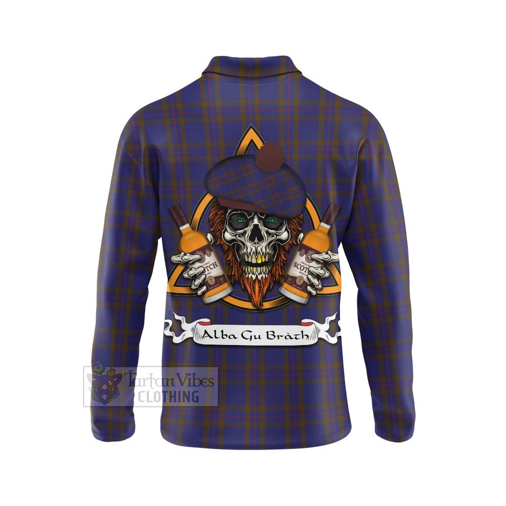 Tartan Vibes Clothing Elliot Tartan Long Sleeve Polo Shirt with Family Crest and Bearded Skull Holding Bottles of Whiskey