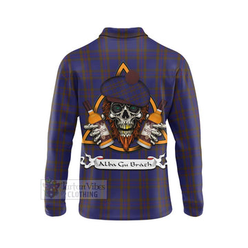 Elliot Tartan Long Sleeve Polo Shirt with Family Crest and Bearded Skull Holding Bottles of Whiskey