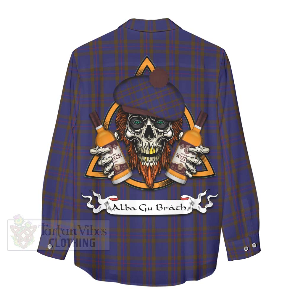 Tartan Vibes Clothing Elliot Tartan Women's Casual Shirt with Family Crest and Bearded Skull Holding Bottles of Whiskey