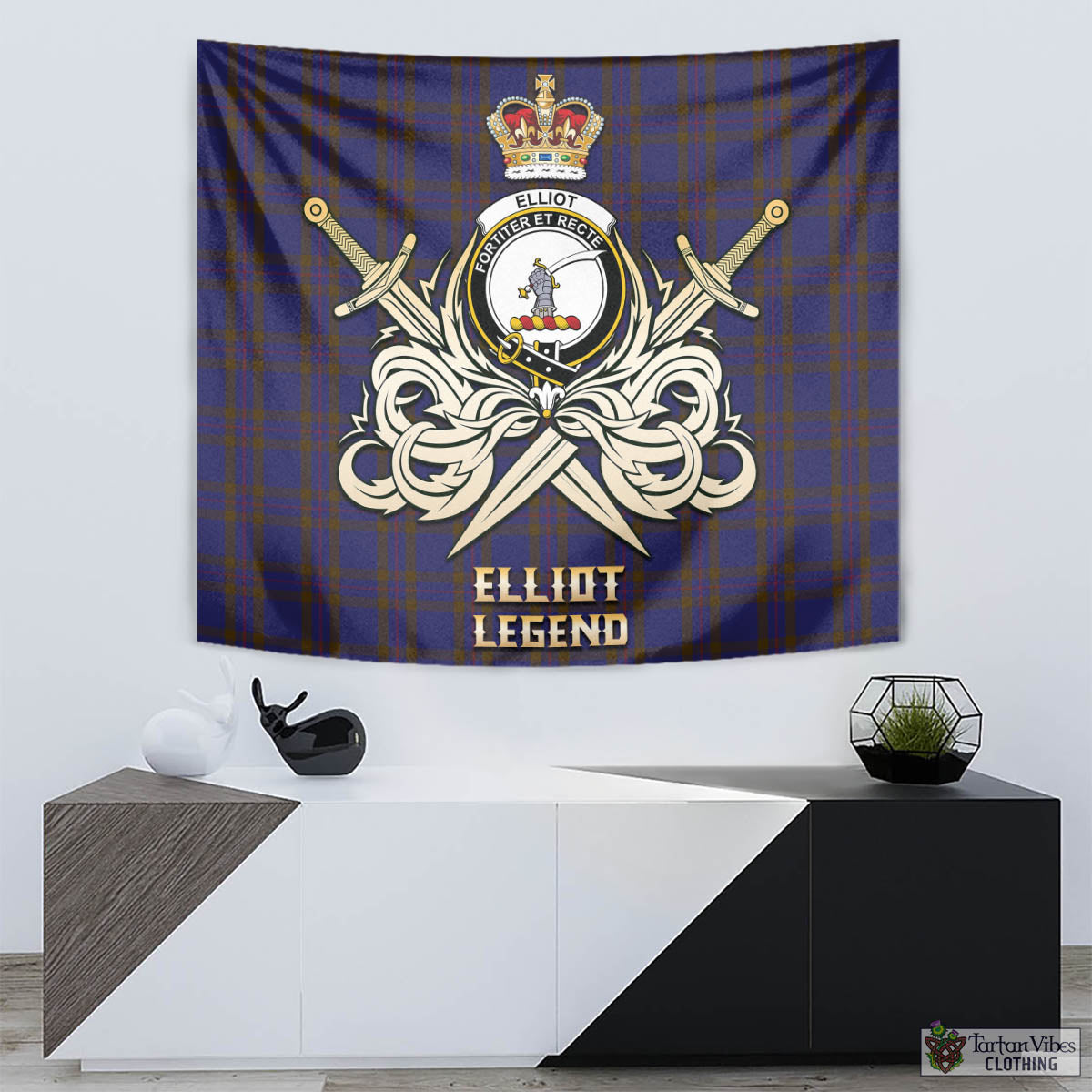 Tartan Vibes Clothing Elliot Tartan Tapestry with Clan Crest and the Golden Sword of Courageous Legacy