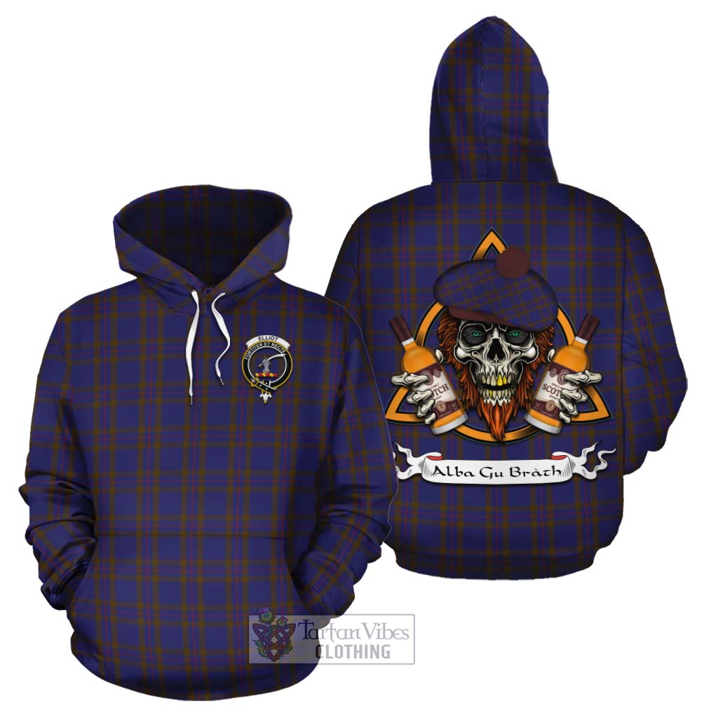 Tartan Vibes Clothing Elliot Tartan Cotton Hoodie with Family Crest and Bearded Skull Holding Bottles of Whiskey