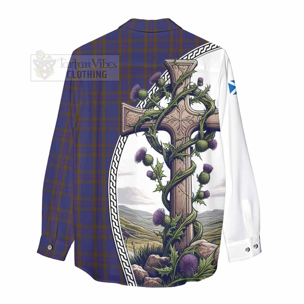 Tartan Vibes Clothing Elliot Tartan Women's Casual Shirt with Family Crest and St. Andrew's Cross Accented by Thistle Vines