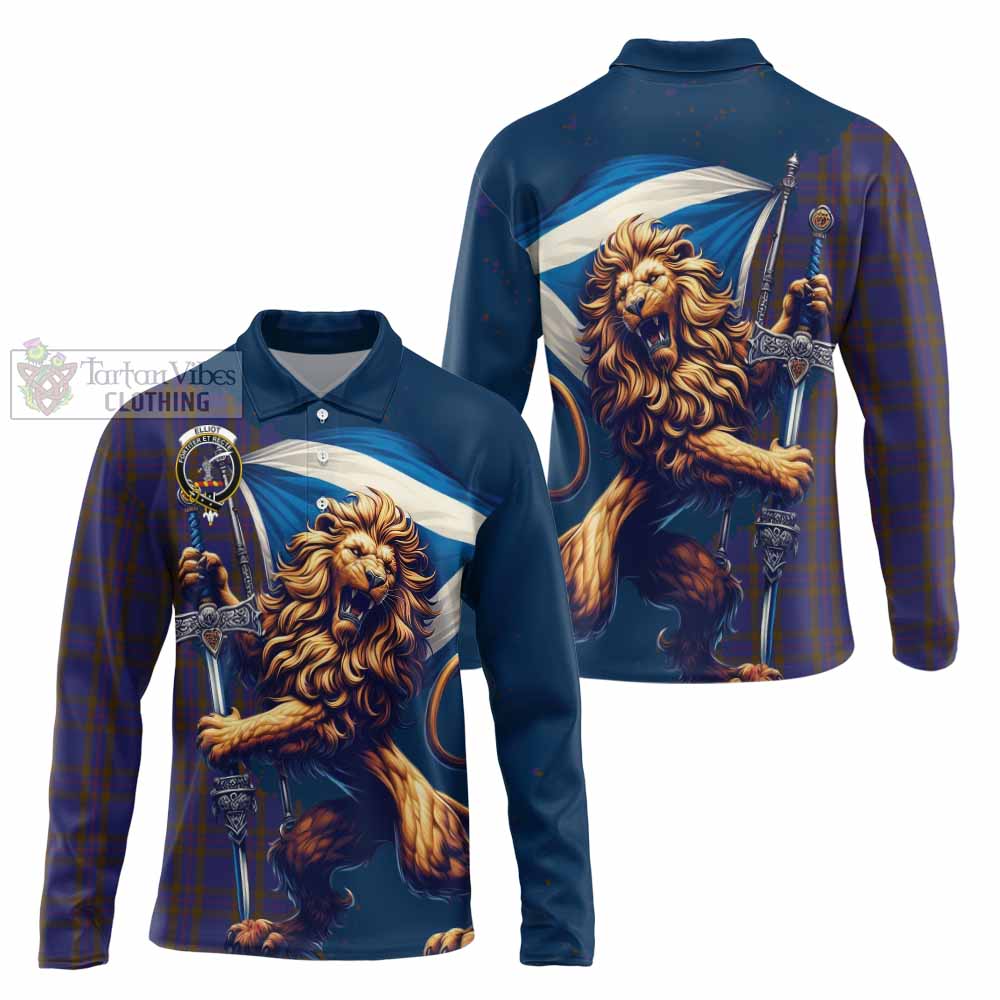 Tartan Vibes Clothing Elliot Tartan Family Crest Long Sleeve Polo Shirt with Scottish Majestic Lion