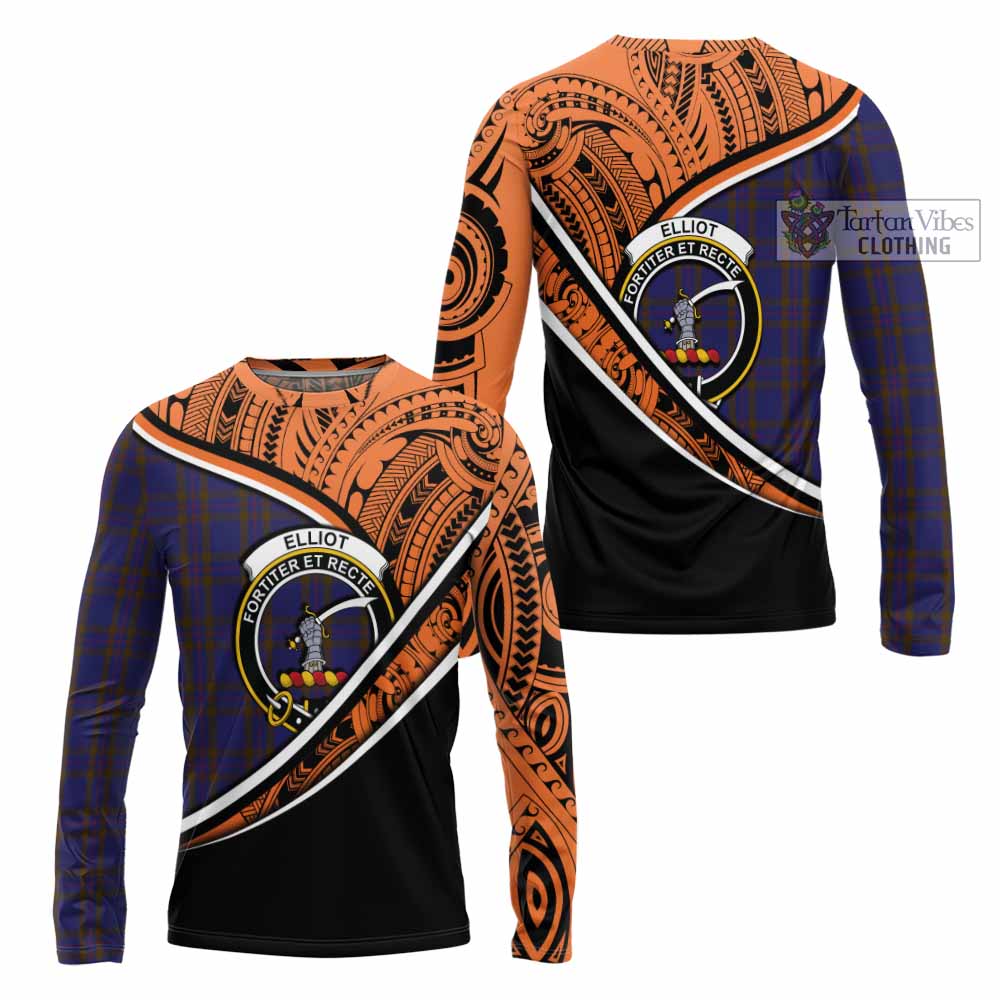 Tartan Vibes Clothing Elliot Crest Tartan Long Sleeve T-Shirt with Maori Tattoo Style - Orange Version