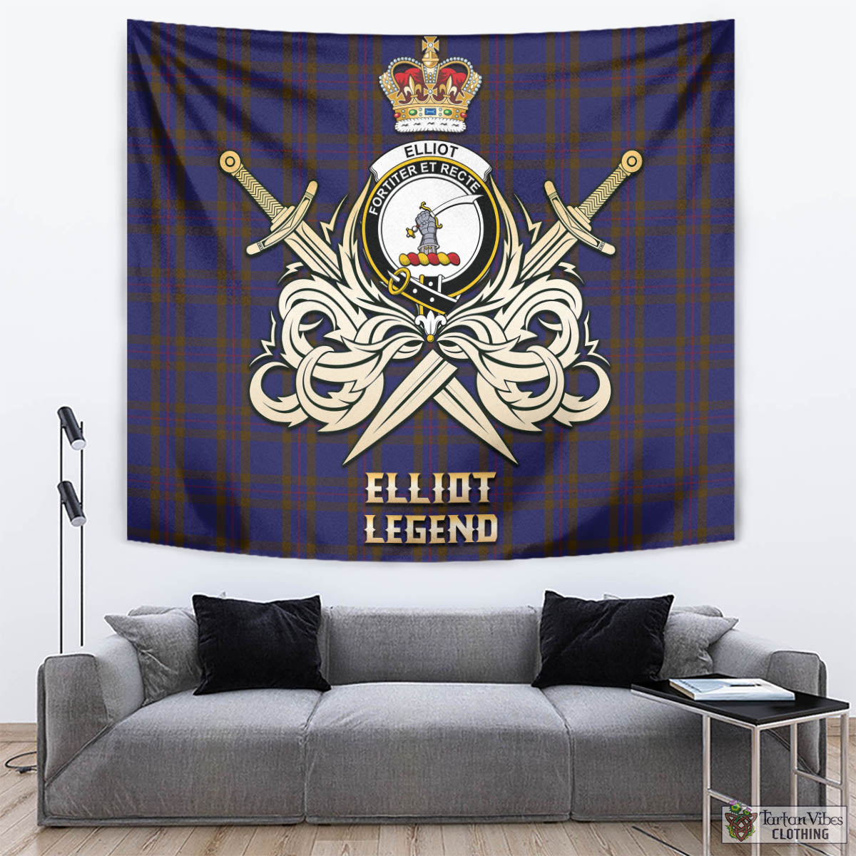 Tartan Vibes Clothing Elliot Tartan Tapestry with Clan Crest and the Golden Sword of Courageous Legacy