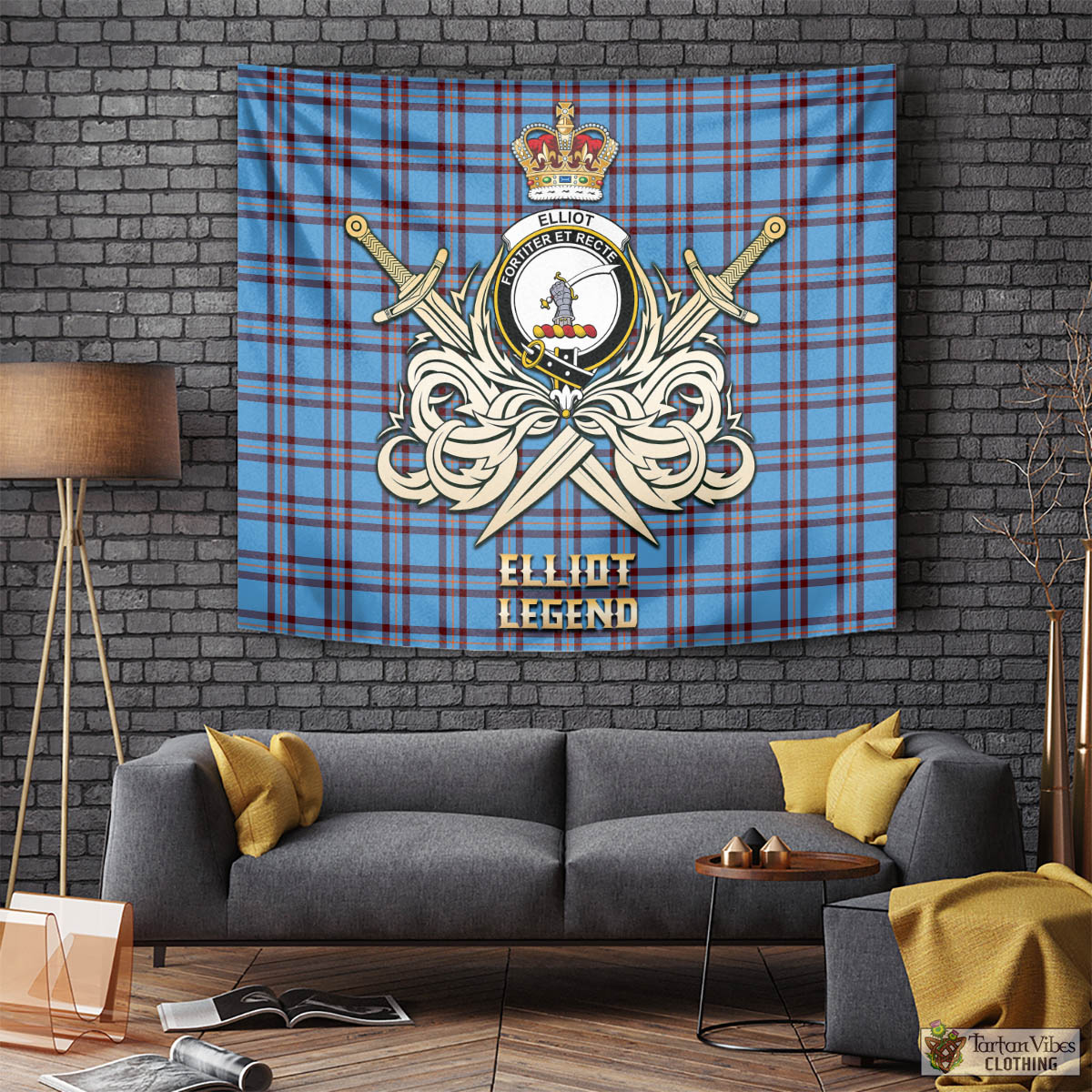 Tartan Vibes Clothing Elliot Ancient Tartan Tapestry with Clan Crest and the Golden Sword of Courageous Legacy