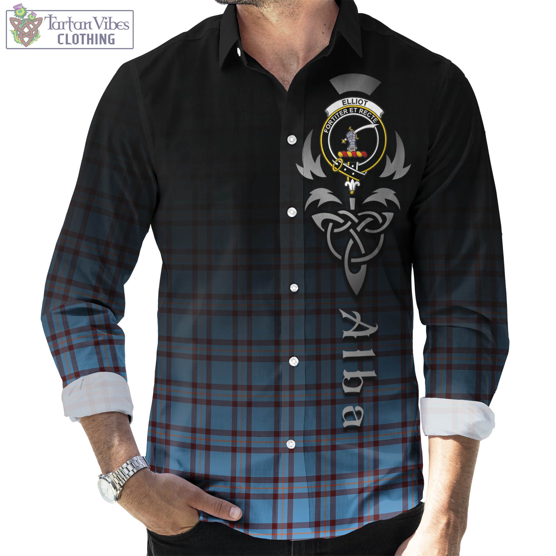 Tartan Vibes Clothing Elliot Ancient Tartan Long Sleeve Button Up Featuring Alba Gu Brath Family Crest Celtic Inspired