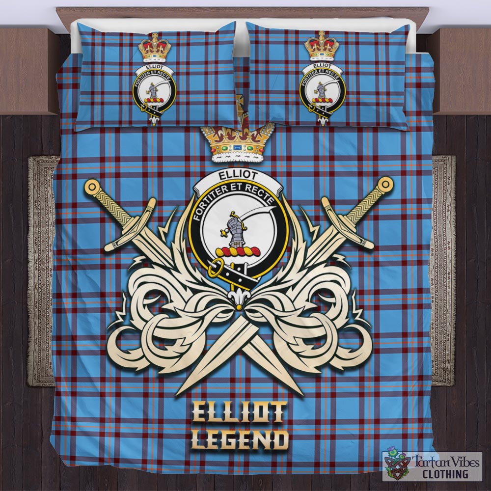 Tartan Vibes Clothing Elliot Ancient Tartan Bedding Set with Clan Crest and the Golden Sword of Courageous Legacy