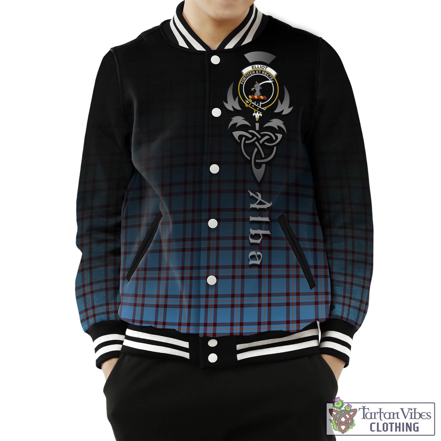 Tartan Vibes Clothing Elliot Ancient Tartan Baseball Jacket Featuring Alba Gu Brath Family Crest Celtic Inspired