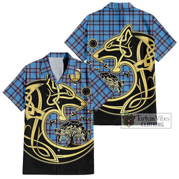 Elliot Ancient Tartan Short Sleeve Button Shirt with Family Crest Celtic Wolf Style