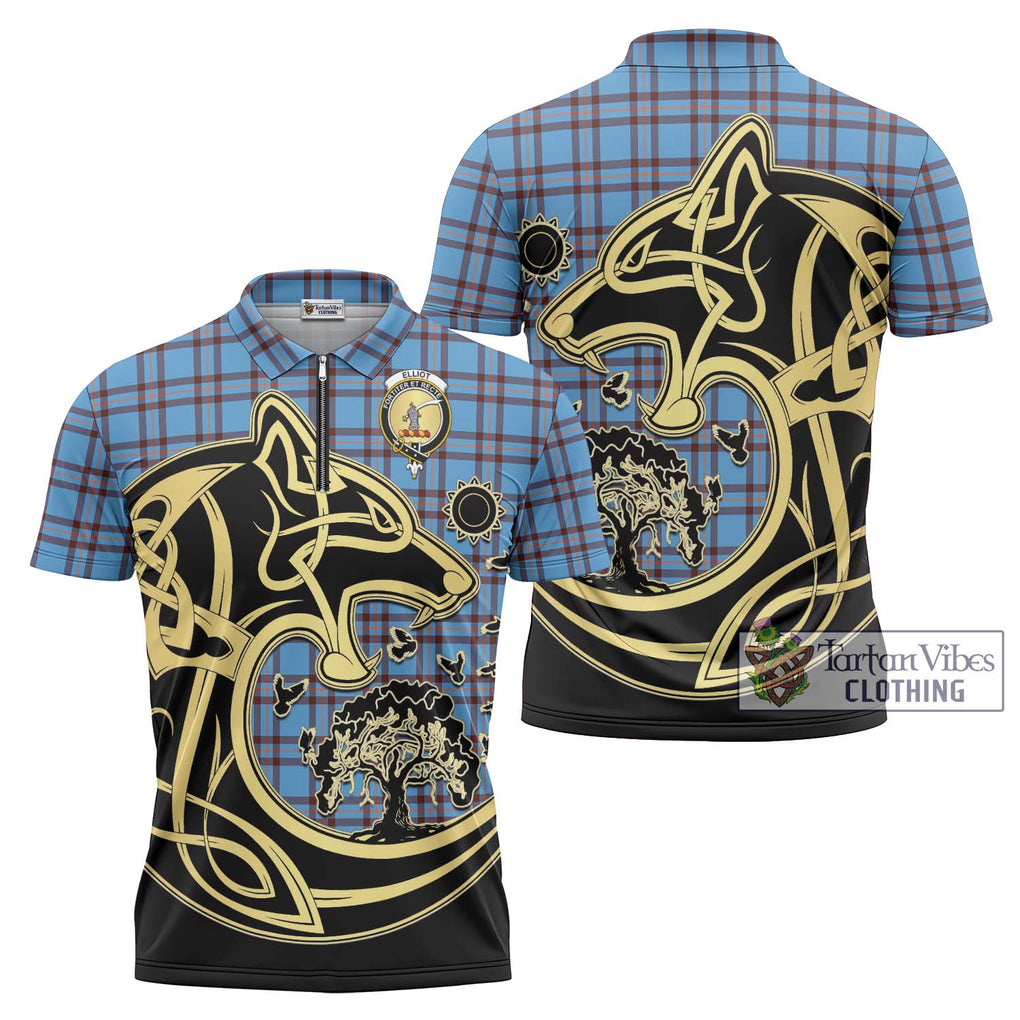 Elliot Ancient Tartan Zipper Polo Shirt with Family Crest Celtic Wolf Style Unisex - Tartanvibesclothing Shop