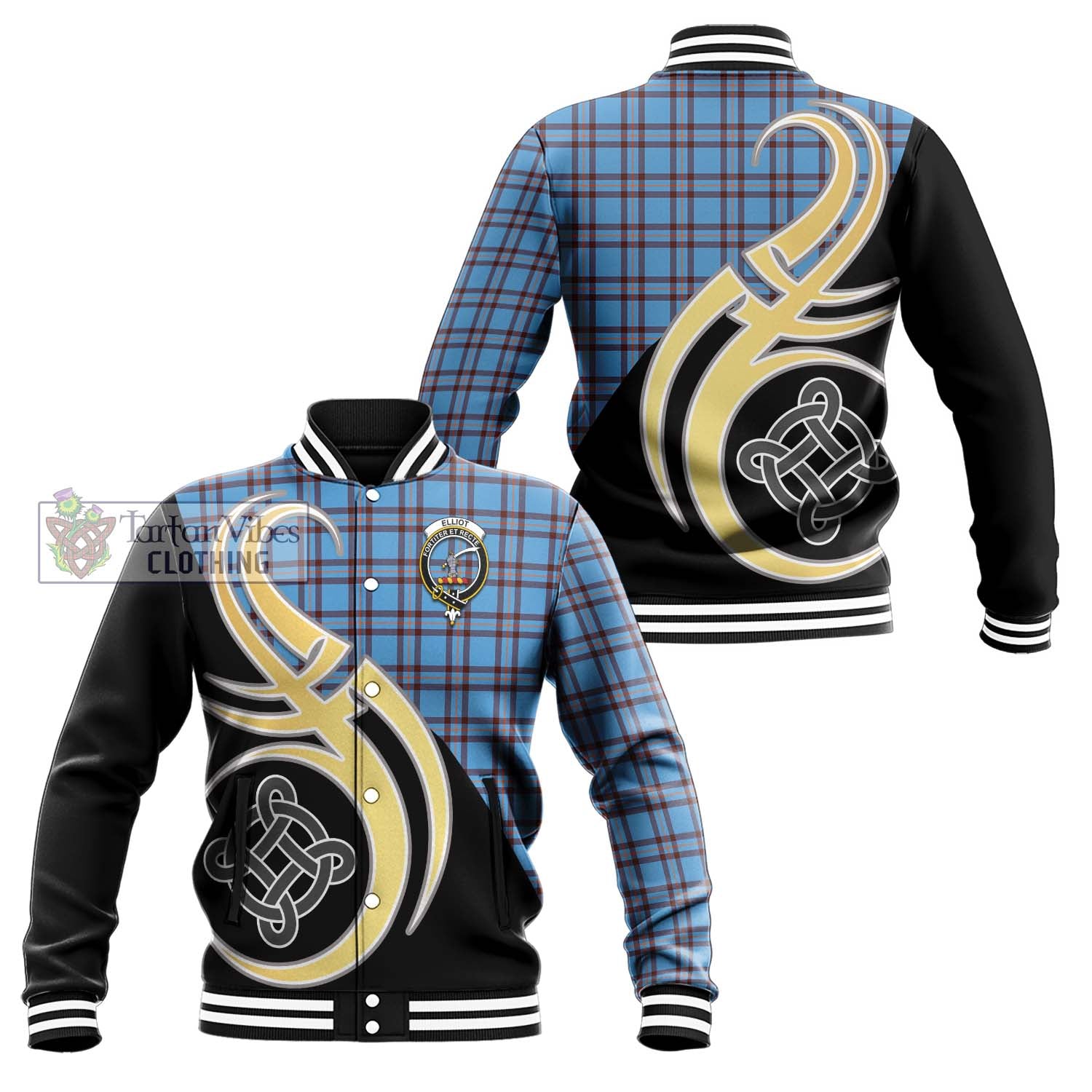 Elliot Ancient Tartan Baseball Jacket with Family Crest and Celtic Symbol Style Unisex - Tartan Vibes Clothing