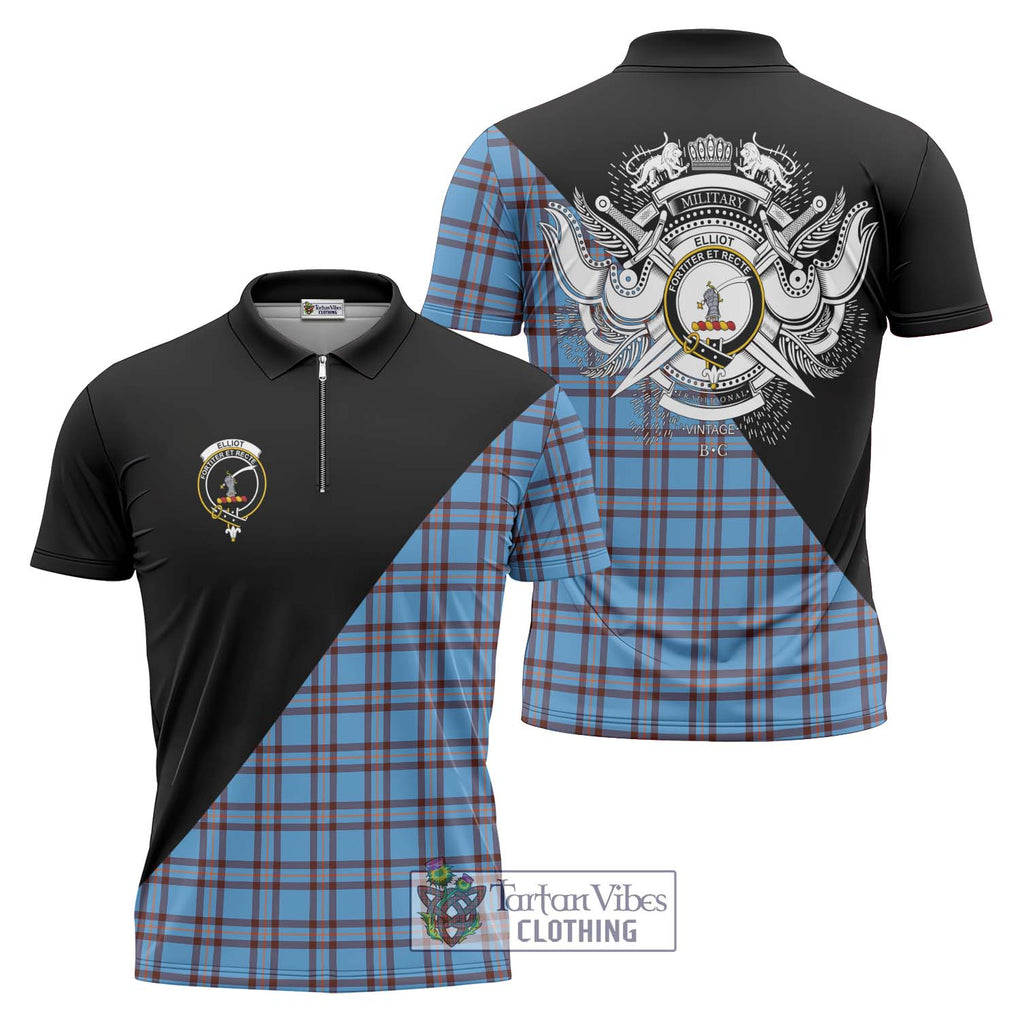 Elliot Ancient Tartan Zipper Polo Shirt with Family Crest and Military Logo Style Unisex - Tartanvibesclothing Shop