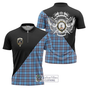 Elliot Ancient Tartan Zipper Polo Shirt with Family Crest and Military Logo Style