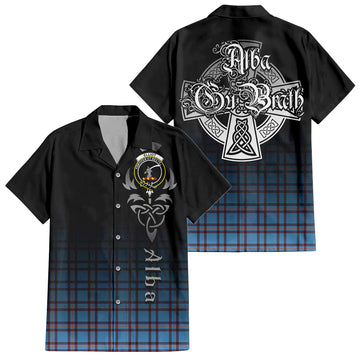 Elliot Ancient Tartan Short Sleeve Button Up Shirt Featuring Alba Gu Brath Family Crest Celtic Inspired