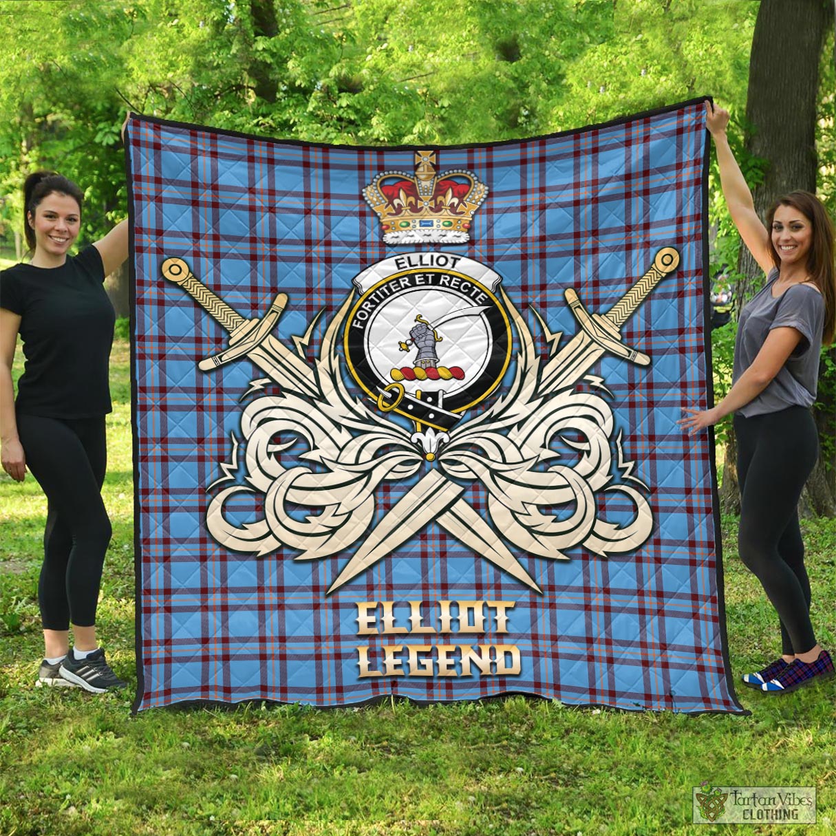 Tartan Vibes Clothing Elliot Ancient Tartan Quilt with Clan Crest and the Golden Sword of Courageous Legacy