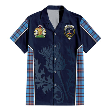 Elliot Ancient Tartan Short Sleeve Button Up Shirt with Family Crest and Scottish Thistle Vibes Sport Style