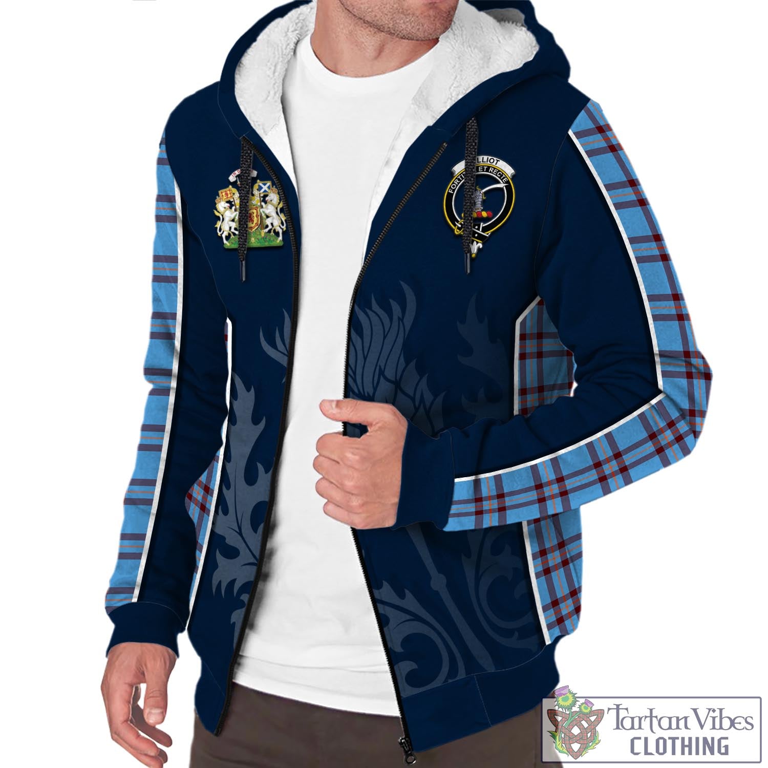 Tartan Vibes Clothing Elliot Ancient Tartan Sherpa Hoodie with Family Crest and Scottish Thistle Vibes Sport Style