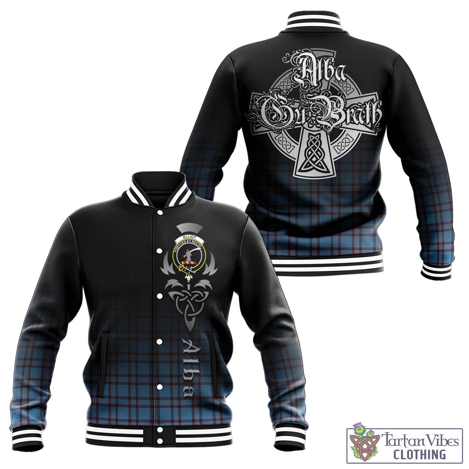 Tartan Vibes Clothing Elliot Ancient Tartan Baseball Jacket Featuring Alba Gu Brath Family Crest Celtic Inspired