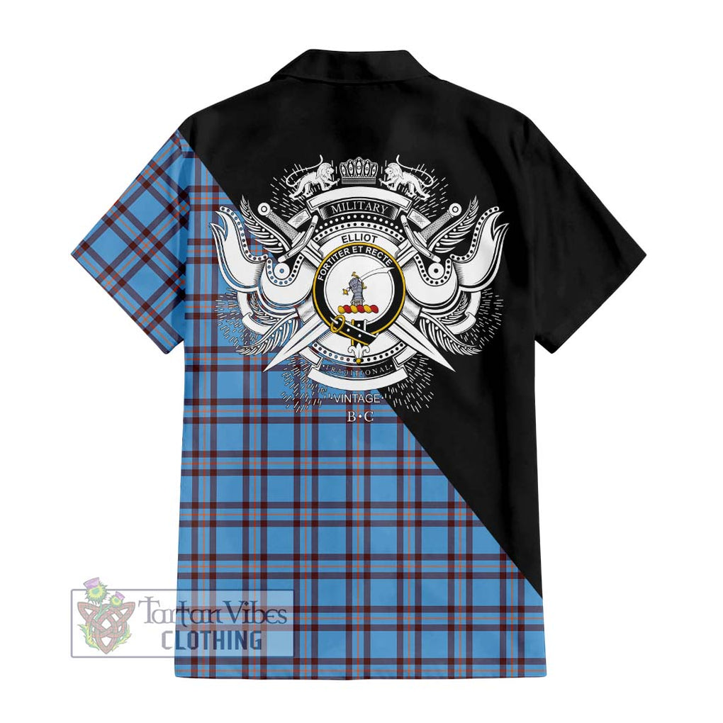 Elliot Ancient Tartan Short Sleeve Button Shirt with Family Crest and Military Logo Style - Tartanvibesclothing Shop