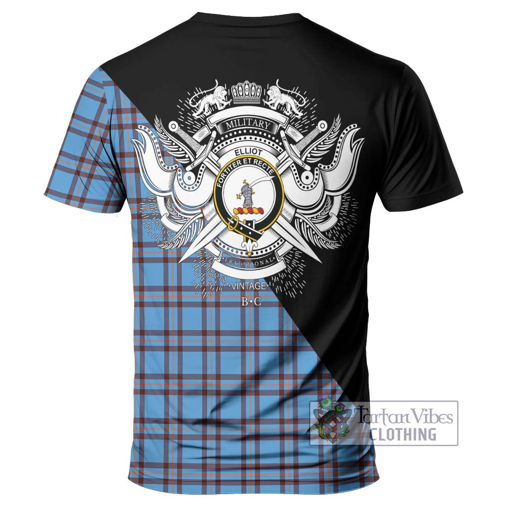 Elliot Ancient Tartan T-Shirt with Family Crest and Military Logo Style - Tartanvibesclothing Shop