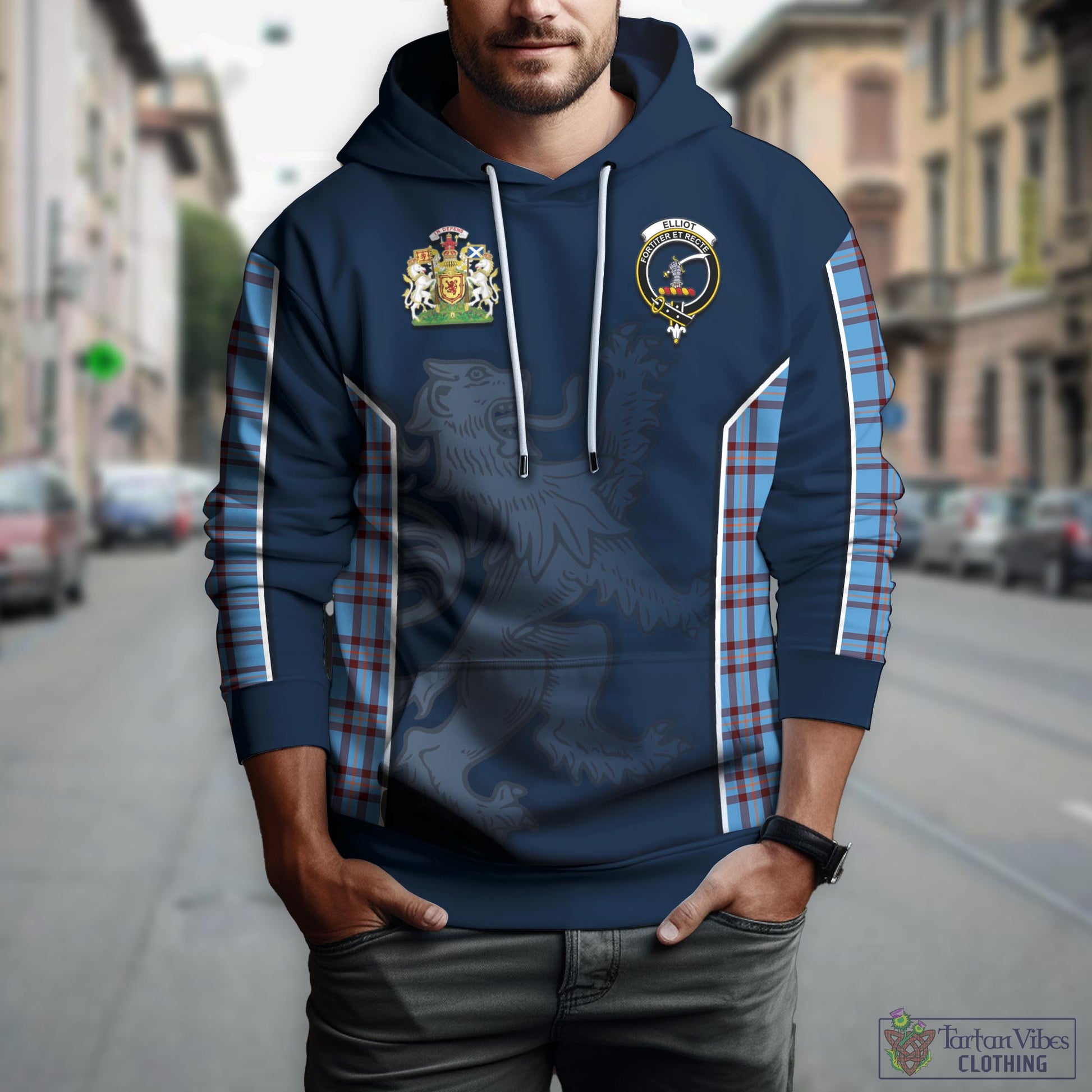 Tartan Vibes Clothing Elliot Ancient Tartan Hoodie with Family Crest and Lion Rampant Vibes Sport Style