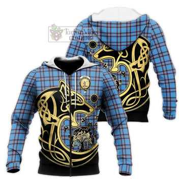 Elliot Ancient Tartan Knitted Hoodie with Family Crest Celtic Wolf Style