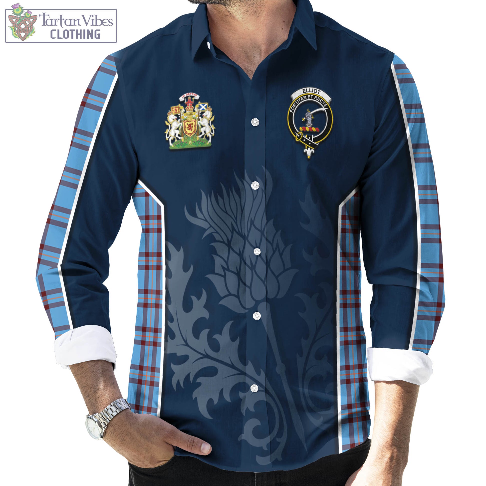 Tartan Vibes Clothing Elliot Ancient Tartan Long Sleeve Button Up Shirt with Family Crest and Scottish Thistle Vibes Sport Style