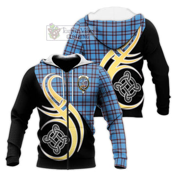 Elliot Ancient Tartan Knitted Hoodie with Family Crest and Celtic Symbol Style