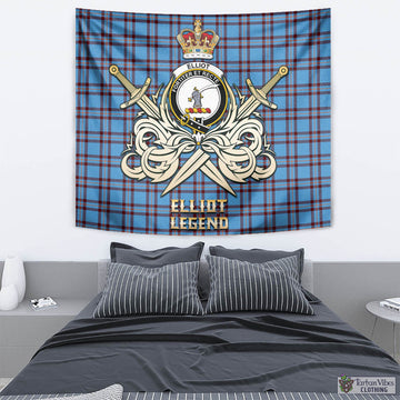 Elliot Ancient Tartan Tapestry with Clan Crest and the Golden Sword of Courageous Legacy