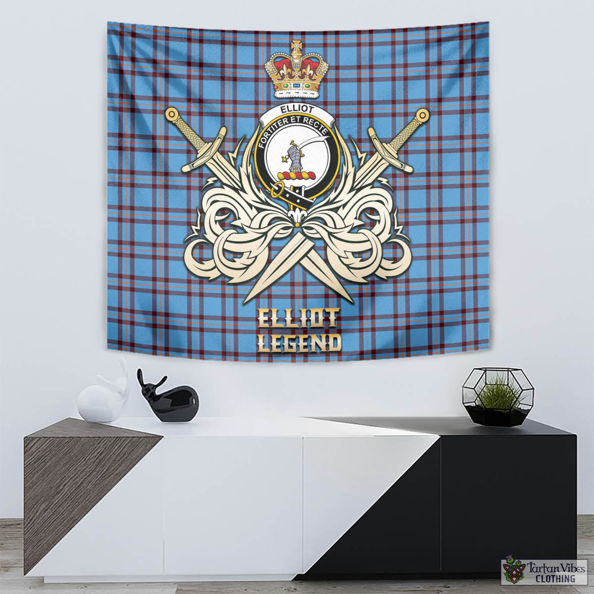 Tartan Vibes Clothing Elliot Ancient Tartan Tapestry with Clan Crest and the Golden Sword of Courageous Legacy