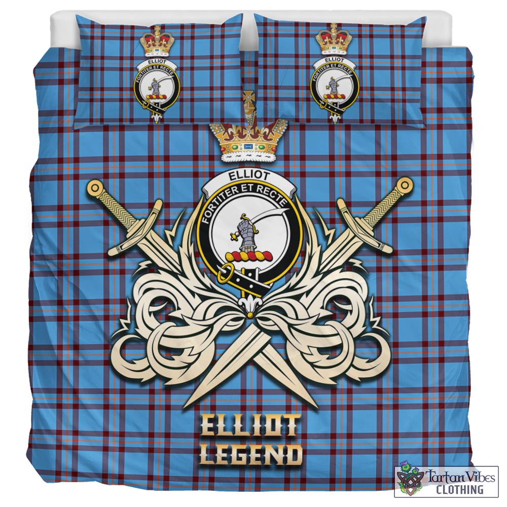 Tartan Vibes Clothing Elliot Ancient Tartan Bedding Set with Clan Crest and the Golden Sword of Courageous Legacy