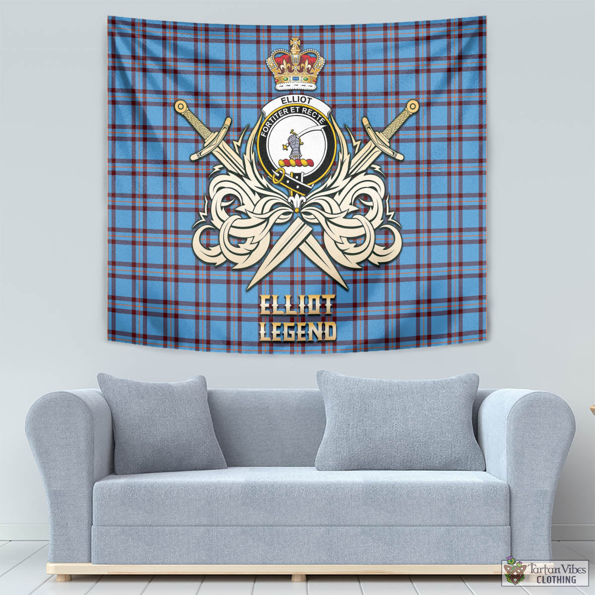 Tartan Vibes Clothing Elliot Ancient Tartan Tapestry with Clan Crest and the Golden Sword of Courageous Legacy