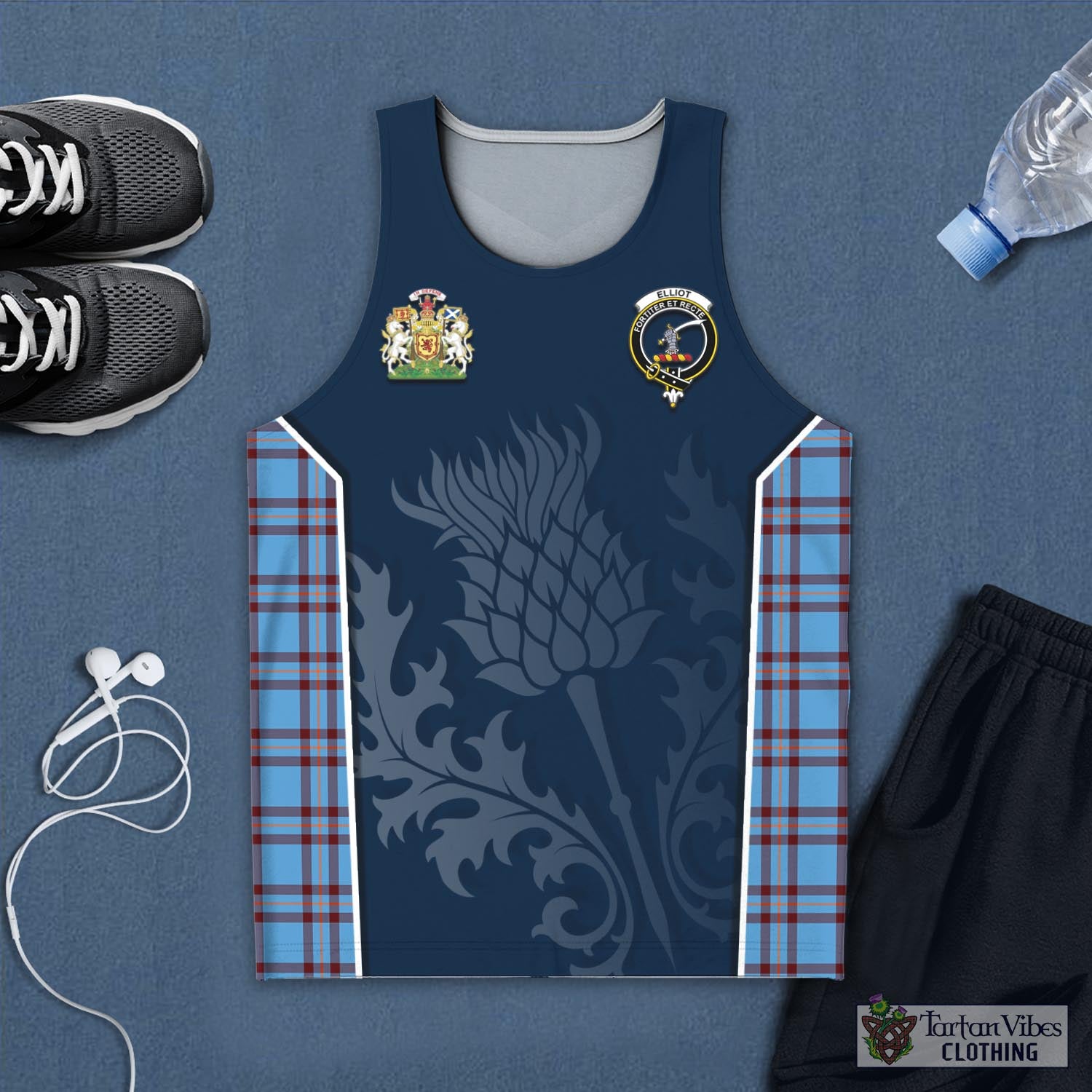 Tartan Vibes Clothing Elliot Ancient Tartan Men's Tanks Top with Family Crest and Scottish Thistle Vibes Sport Style