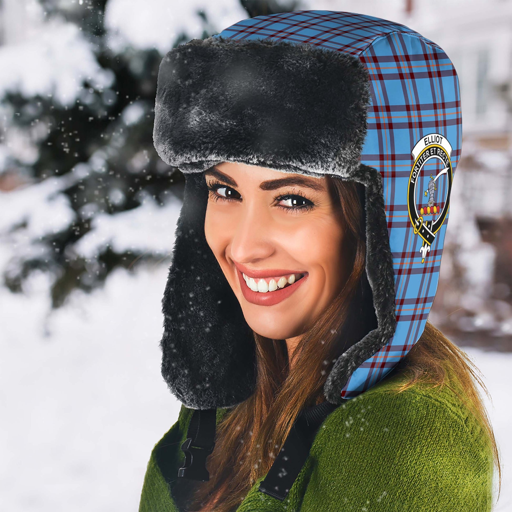 Elliot Ancient Tartan Winter Trapper Hat with Family Crest - Tartanvibesclothing