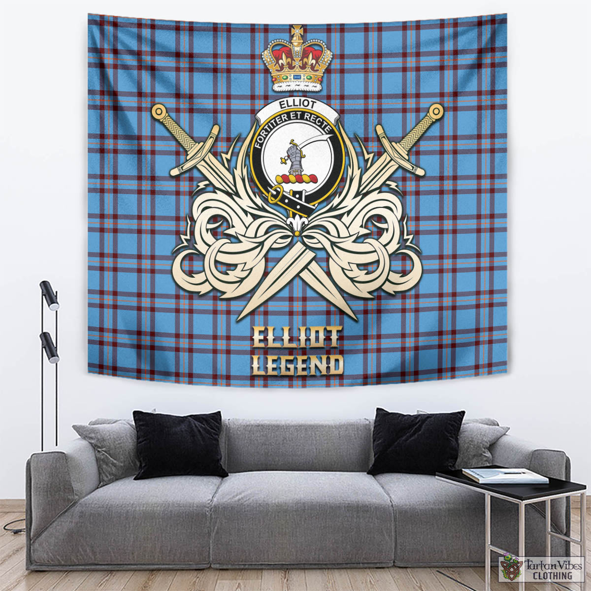 Tartan Vibes Clothing Elliot Ancient Tartan Tapestry with Clan Crest and the Golden Sword of Courageous Legacy