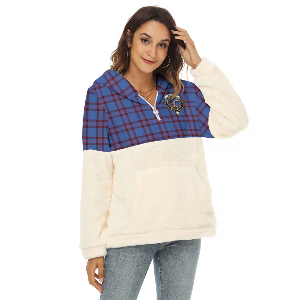 Elliot Modern Tartan Women's Borg Fleece Hoodie With Half Zip with Family Crest Female - Tartan Vibes Clothing