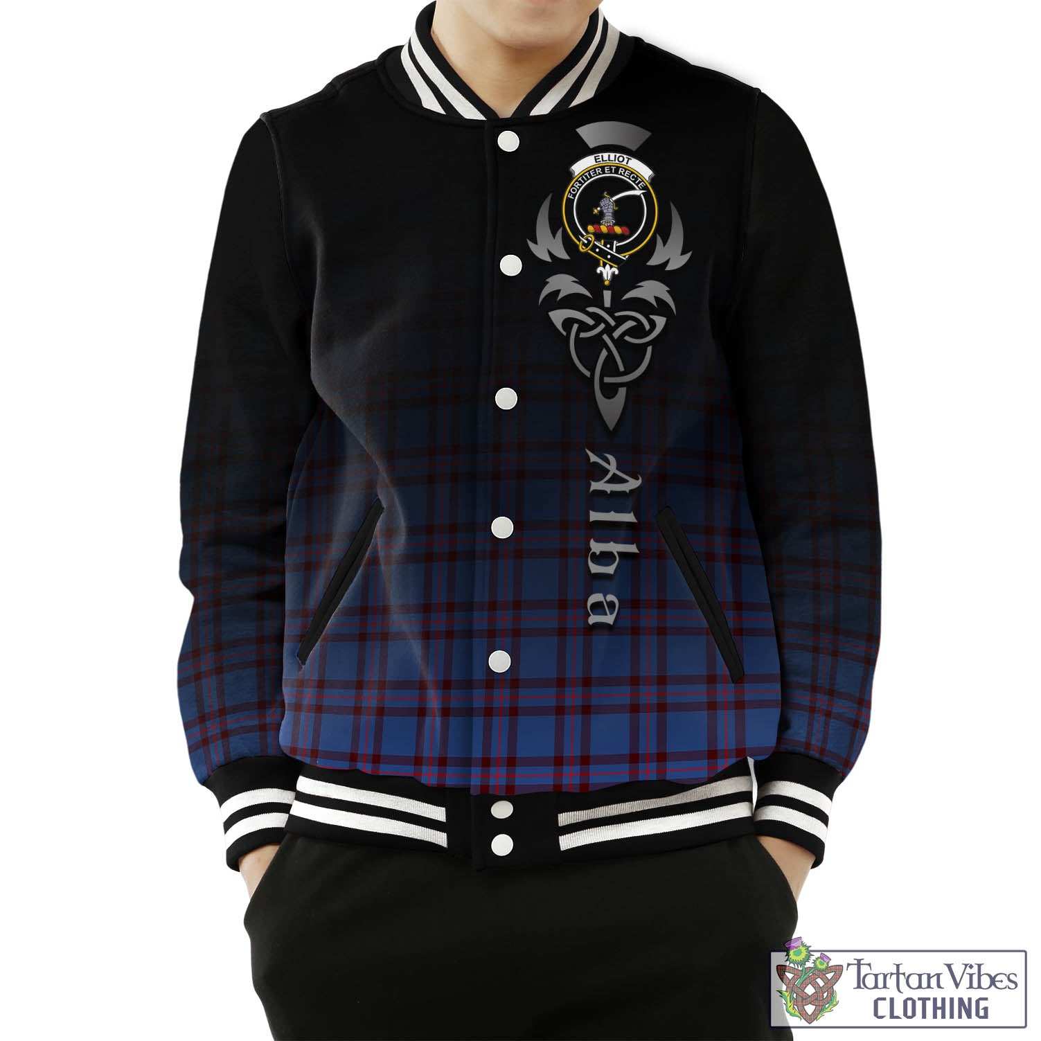 Tartan Vibes Clothing Elliot Modern Tartan Baseball Jacket Featuring Alba Gu Brath Family Crest Celtic Inspired