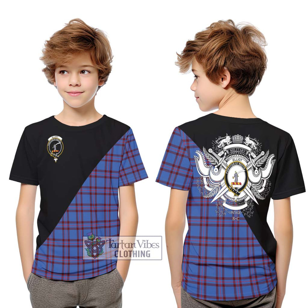 Elliot Modern Tartan Kid T-Shirt with Family Crest and Military Logo Style Youth XL Size14 - Tartanvibesclothing Shop