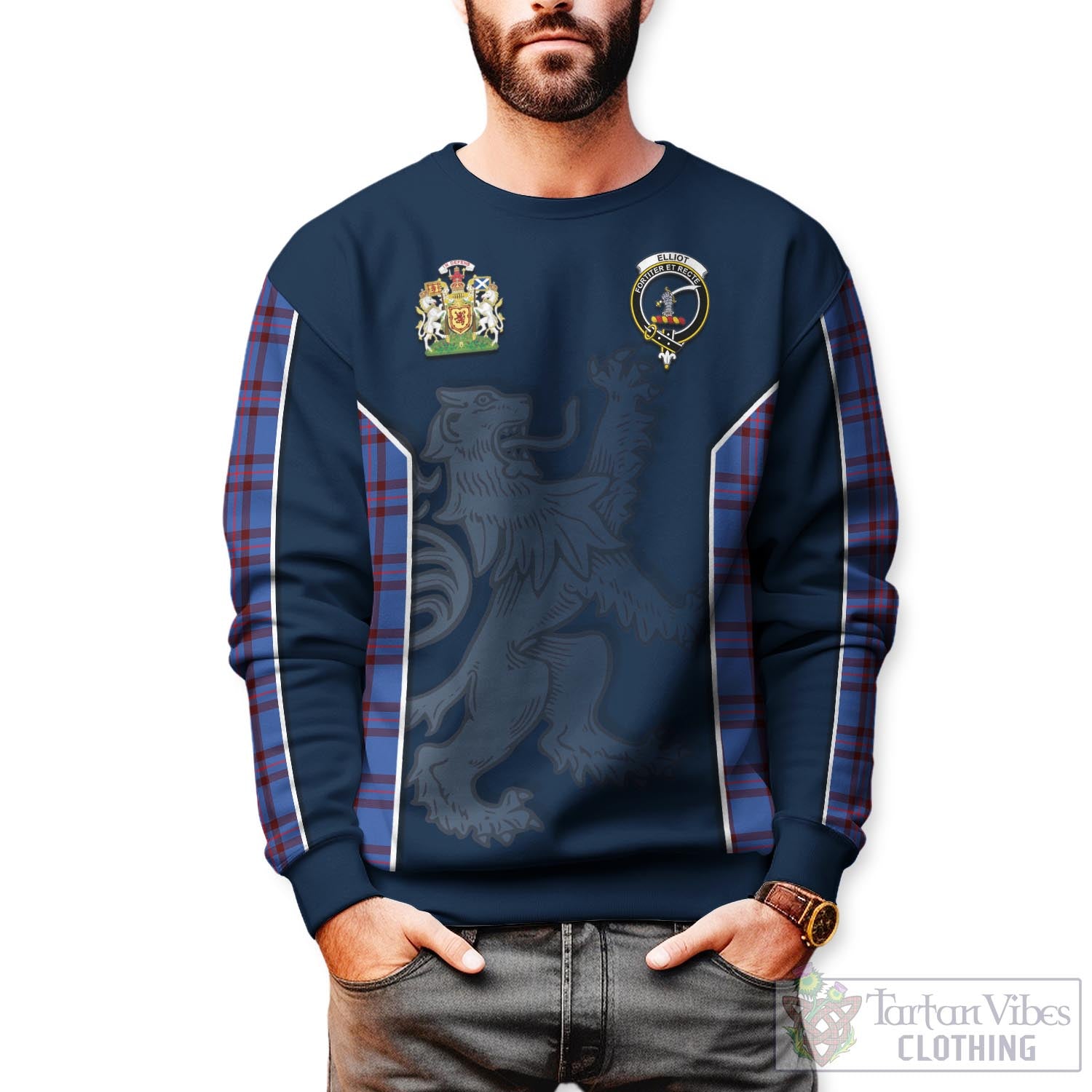 Tartan Vibes Clothing Elliot Modern Tartan Sweater with Family Crest and Lion Rampant Vibes Sport Style