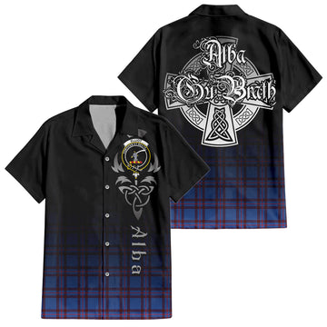 Elliot Modern Tartan Short Sleeve Button Up Shirt Featuring Alba Gu Brath Family Crest Celtic Inspired