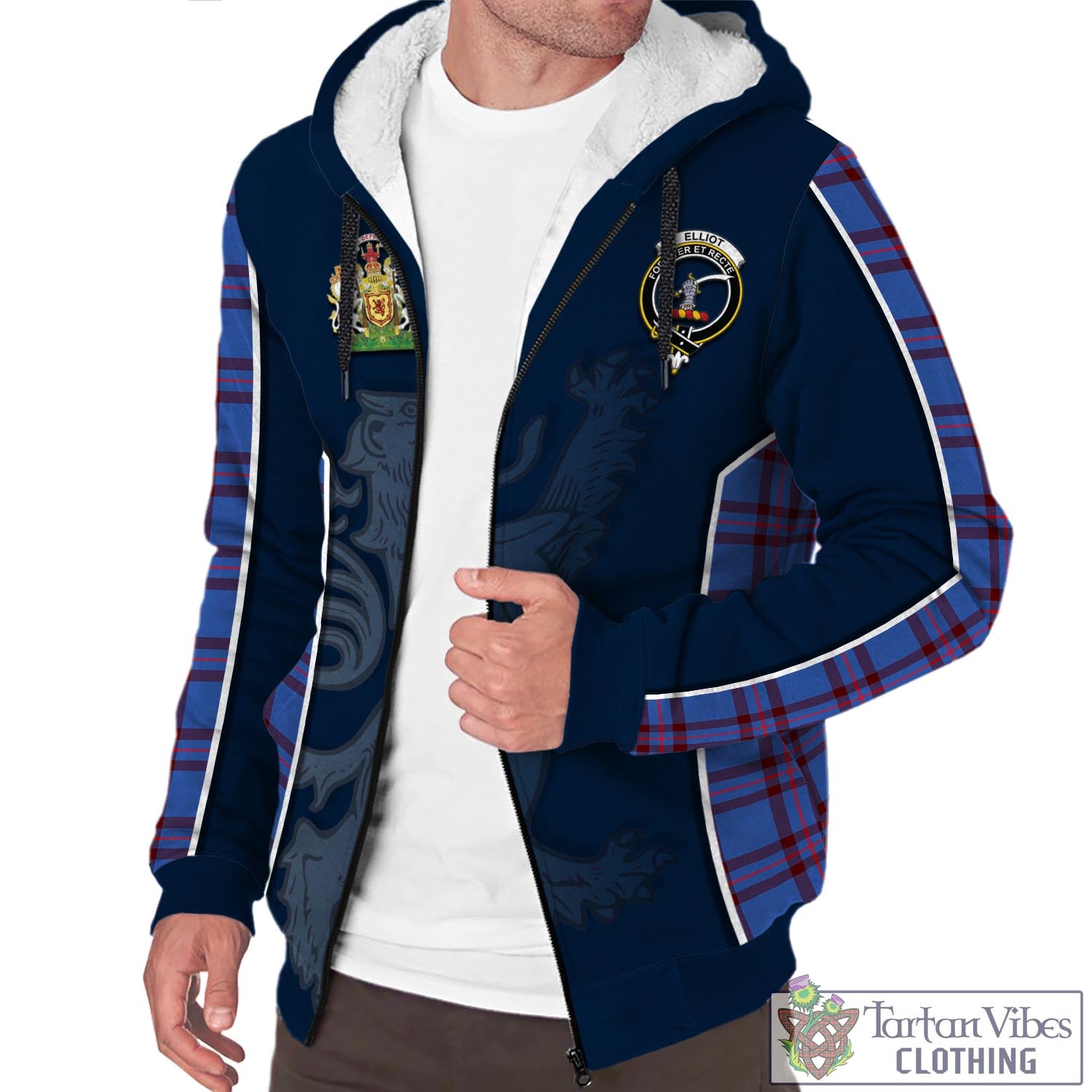 Tartan Vibes Clothing Elliot Modern Tartan Sherpa Hoodie with Family Crest and Lion Rampant Vibes Sport Style