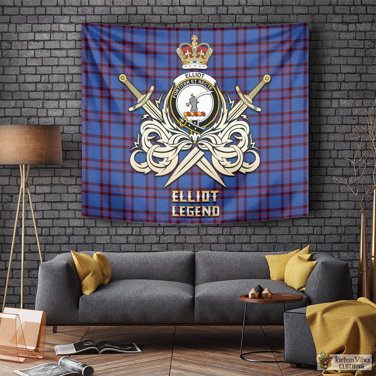 Tartan Vibes Clothing Elliot Modern Tartan Tapestry with Clan Crest and the Golden Sword of Courageous Legacy