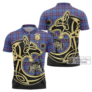 Elliot Modern Tartan Zipper Polo Shirt with Family Crest Celtic Wolf Style