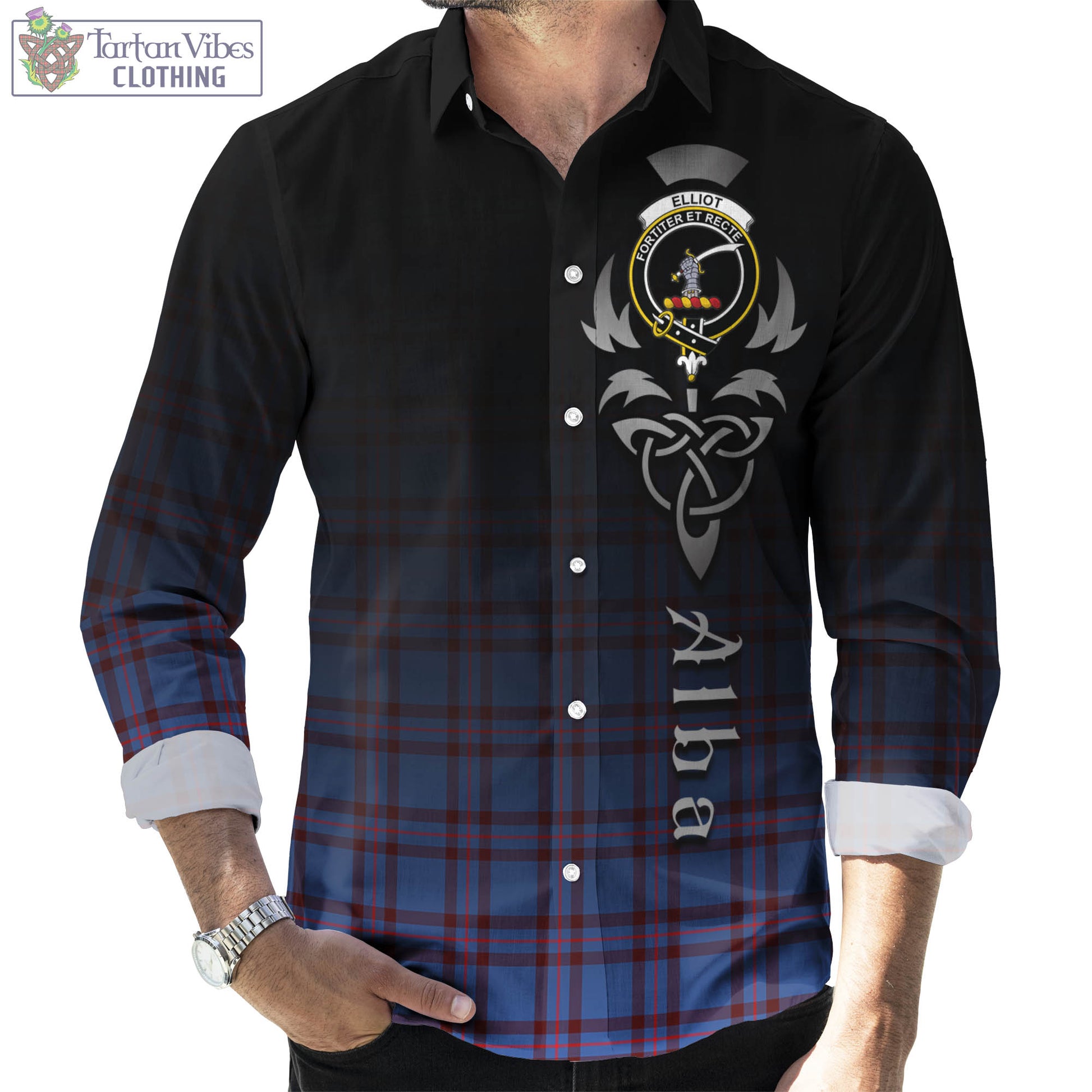 Tartan Vibes Clothing Elliot Modern Tartan Long Sleeve Button Up Featuring Alba Gu Brath Family Crest Celtic Inspired