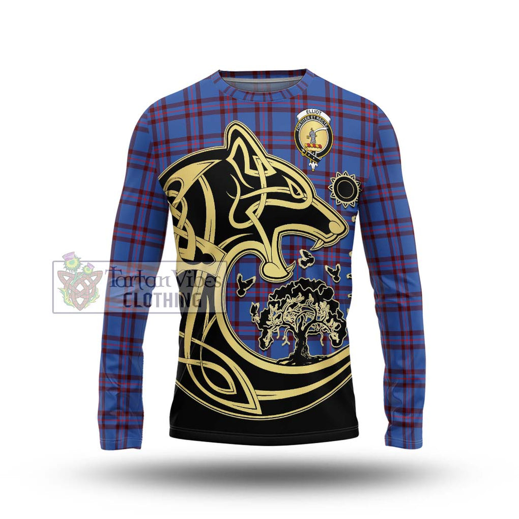 Elliot Modern Tartan Long Sleeve T-Shirt with Family Crest Celtic Wolf Style Unisex - Tartan Vibes Clothing