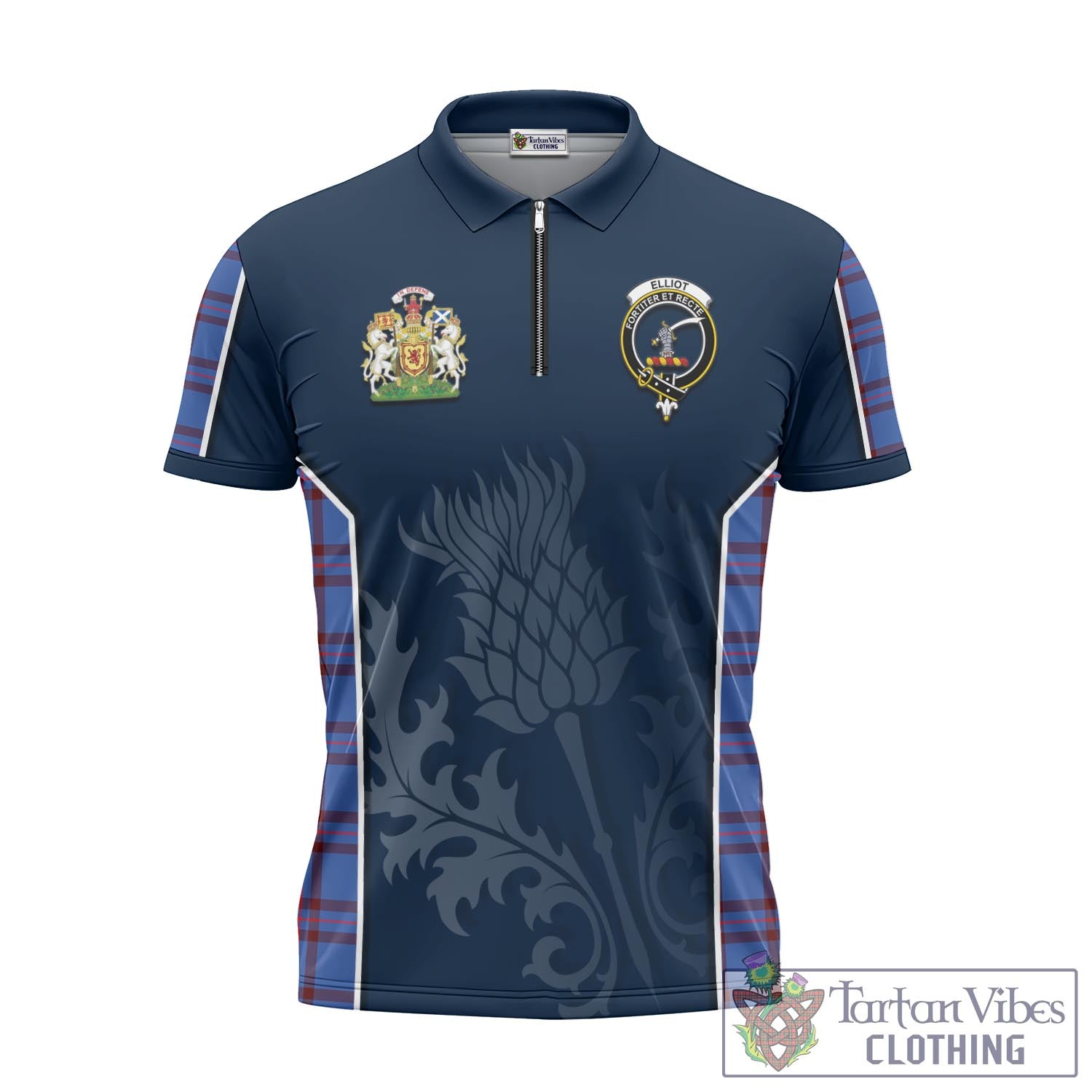 Tartan Vibes Clothing Elliot Modern Tartan Zipper Polo Shirt with Family Crest and Scottish Thistle Vibes Sport Style